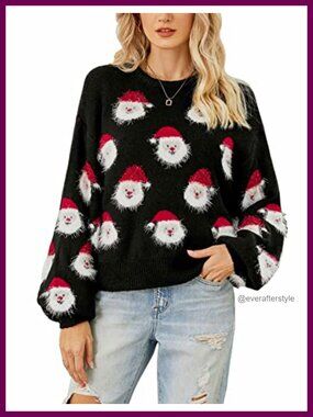 Women Santa Christmas Sweater Long Sleeve Knit Pullover Crew Neck Funny Holiday